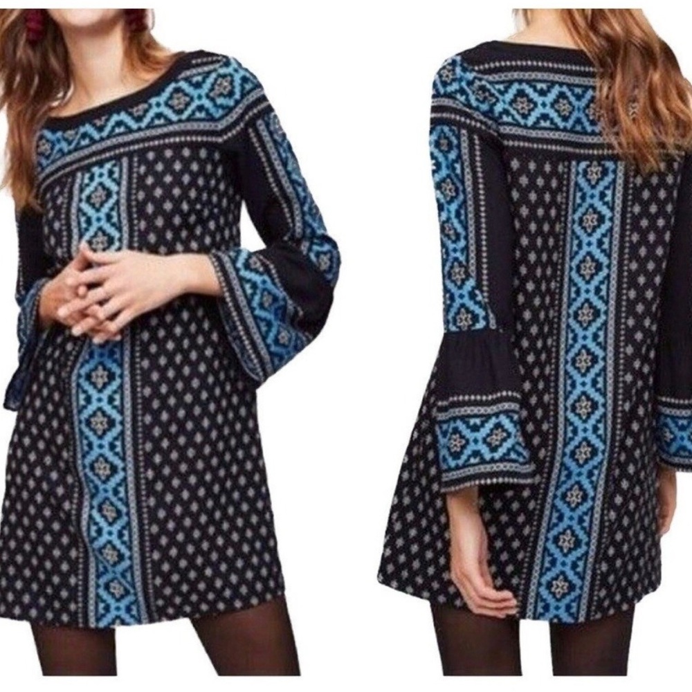 LOFT Black Mosaic Bell Sleeve Shift Mini Dress- Bohemian- Size Small